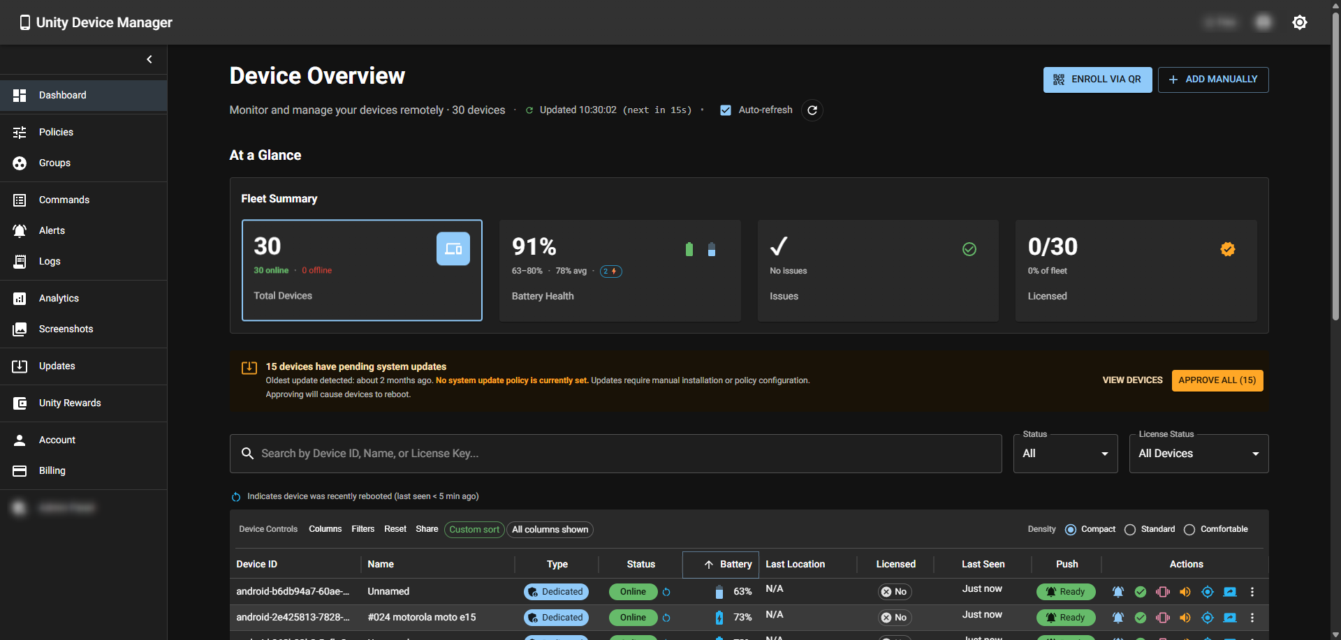 Device Overview — fleet summary, status cards, and device table